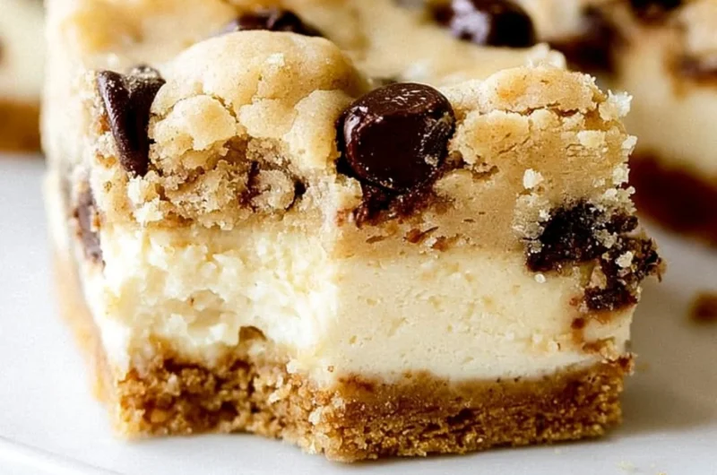 Delicious chocolate chip cheesecake bars with a creamy topping and chocolate chips