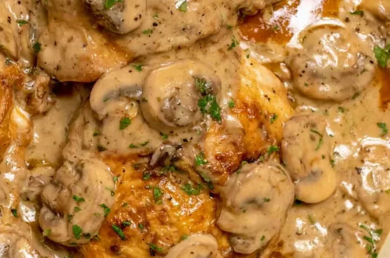 Plate of chicken marsala with pasta and rich sauce garnished with herbs